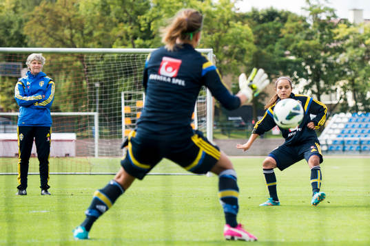 Sveriges förbundskapten Pia Sundhage tittar på när Malin