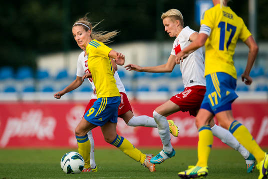 Sveriges Kosovare Asllani och Polens Jolanta Siwinska (th)