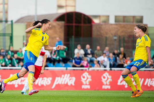 Sveriges Lotta Schelin jublar mot Olivia Schough
