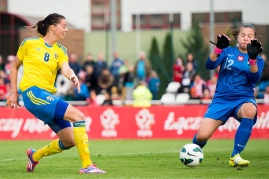 Sveriges Lotta Schelin gör 0-3 bakom Polens målvakt Anna