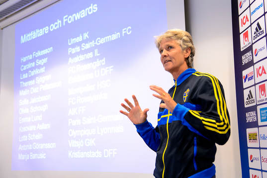 Sveriges förbundskapten Pia Sundhage presenterar truppen