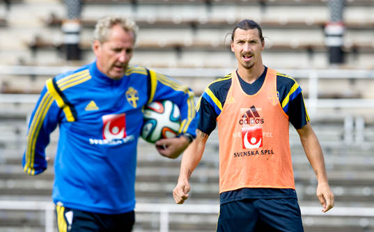 Sveriges Zlatan Ibrahimovic och förbundskapten Erik Hamrén