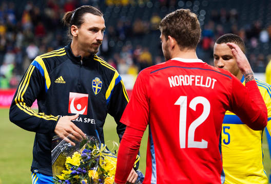 Sveriges Zlatan Ibrahimovic, målvakt Kristoffer Nordfeldt