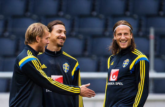 Ola Toivonen, Zlatan Ibrahimovic och Jonas Olsson pratar