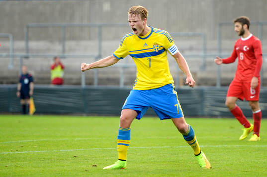 Sveriges Oscar Hiljemark jublar Kristoffer Olsson styrt in