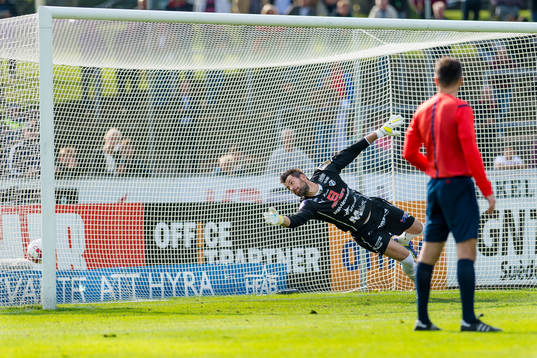 Halmstads målvakt Stojan Lukic ser bollen gå in till 1-1