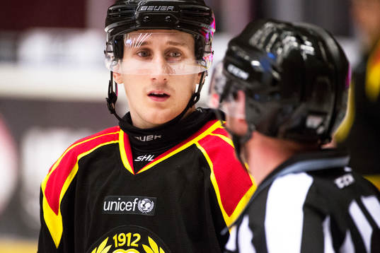 Brynäs Bill Sweatt samtalar med en domare