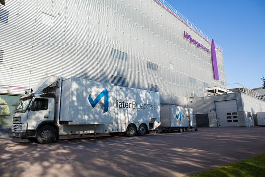 Exteriörbild av Löfbergs Arena med Diatec Broadcast