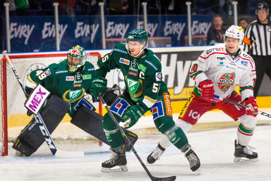 Färjestads Justin Pogge, Ole-Kristian Tollefsen och Modos