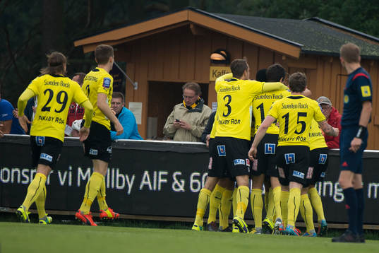 Mjällbys David Löfquist och hela laget jublar