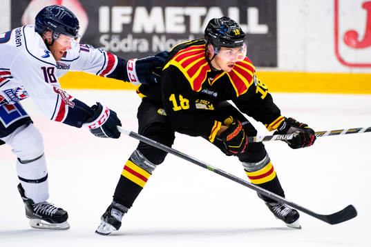 Linköpings Jonas Almtorp och Brynäs Anton Rödin i en kamp