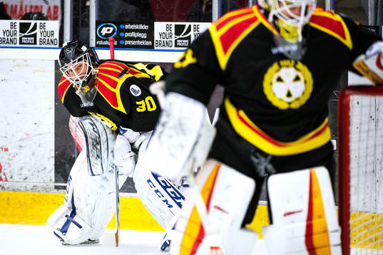 Brynäs målvakter Joel Gistedt och Bernhard Starkbaum på
