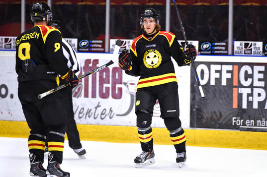 Brynäs Adam Brodecki firar han gjort 1-0 med Niclas