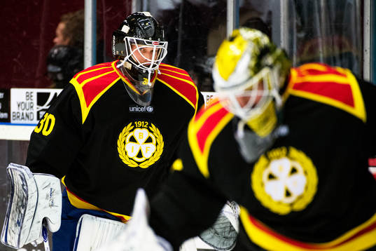 Brynäs målvakter Joel Gistedt och Bernhard Starkbaum