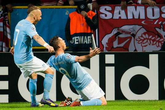 Malmö FFs Markus Rosenberg och Magnus Eriksson jublar