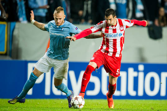 Malmö FFs Magnus Eriksson och Olympiacos Luka Milivojevi