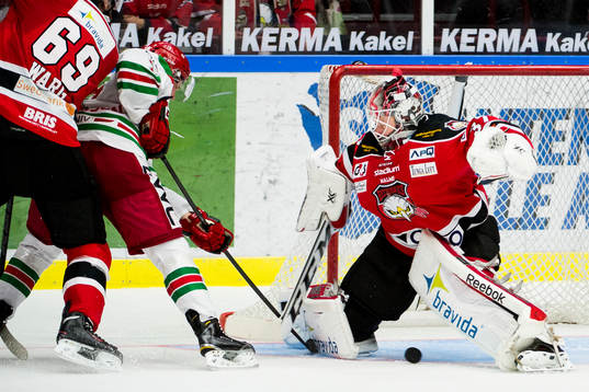Moras Johan Johnsson oroar framför Malmö Redhawks