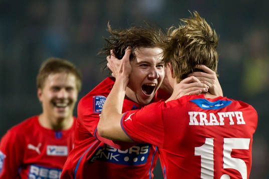 Helsingborgs Emil Krafth och Darijan Bojanic  jublar