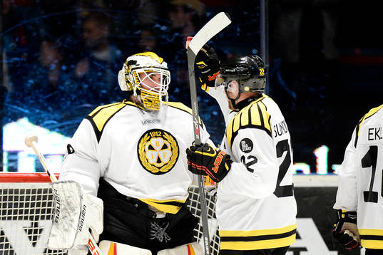 Brynäs målvakt Bernhard Starkbaum och Jörgen Sundqvist