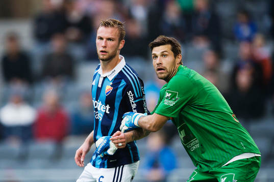 Djurgårdens Aleksander Faltsetas och Gefles målvakt Emil