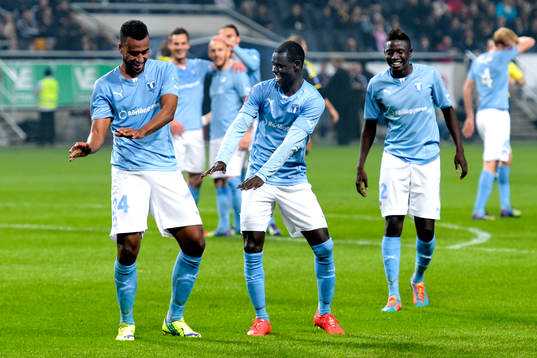 Malmö FFs Isaac Kiese Thelin och Enock Kofi Adu jublar