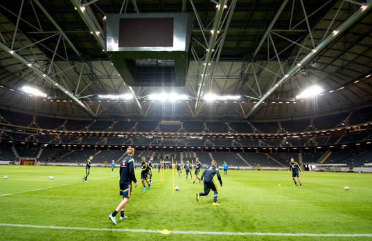 De svenska spelarna på Friends arena med taket stängt
