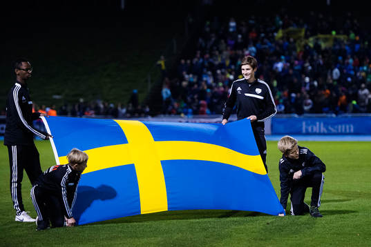Några ungdomar håller i en svensk flagga