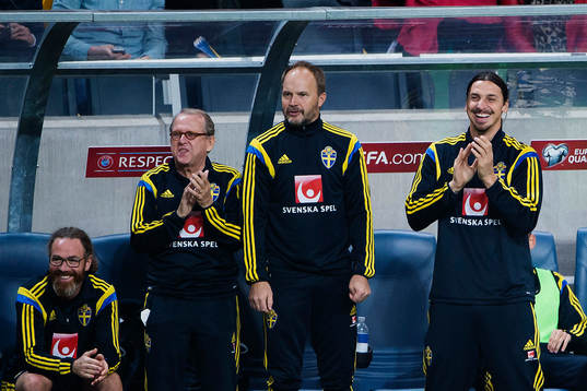 Sveriges Zlatan Ibrahimovic applåderar på bänken