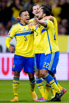 Sveriges spelare med Martin Olsson (m) jublar