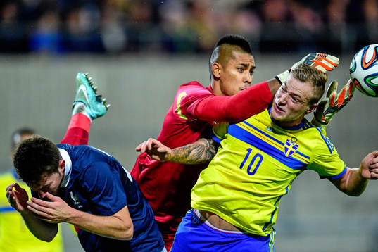 Frankrikes målvakt Alphonse Aréola och Sveriges John