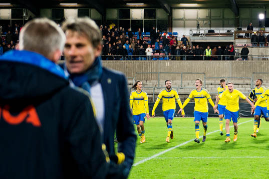 Sveriges spelare jublar och förbundskapten Håkan Ericson