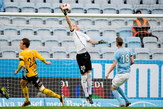 Malmö FFs målvakt Robin Olsen når högst på en boll