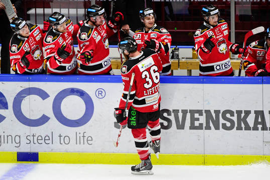 Malmö Redhawks David Liffiton jublar med bänken