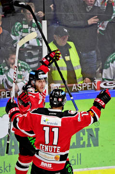 Malmö Redhawks Fredrik Storm jublar med Joey Tenute