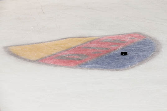Djurgårdens emblem på isen innan ishockeymatchen i SHL