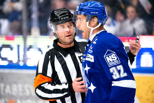 Domaren Patrik Sjöberg och Leksands Jens Bergenström i