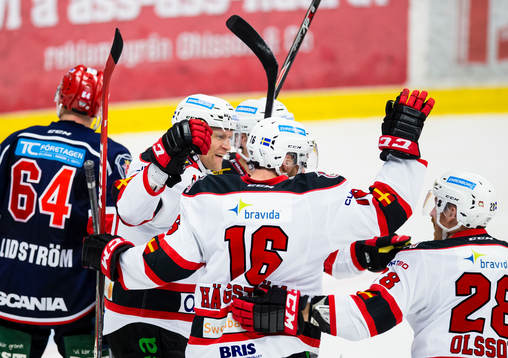 Malmö Redhawks Mathias Tjärnqvist (v) firar sitt 2-5 mål