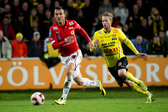 Kalmars Nenad Djordjevic och Mjällbys Christian Wilhelmsson