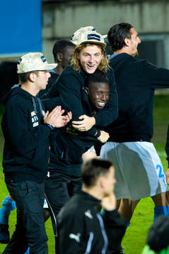 Malmö FFs Pawel Cibicki och Pa Konate firar
