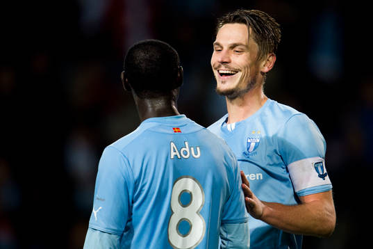 Malmö FFs Markus Rosenberg jublar med Enock Kofi Adu