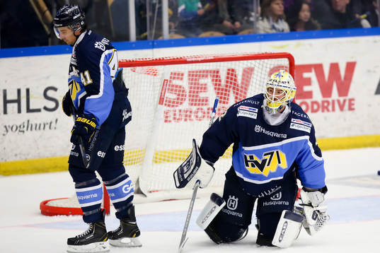 s Chris Campoli och HV71:s målvakt Gustaf Wesslau deppar