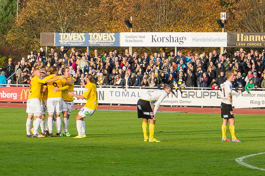 Falkenbergs spelare jublar och Mjällbys spelare deppar