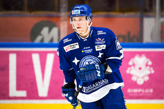 Leksands Linus Hultström värmer upp före ishockeymatchen