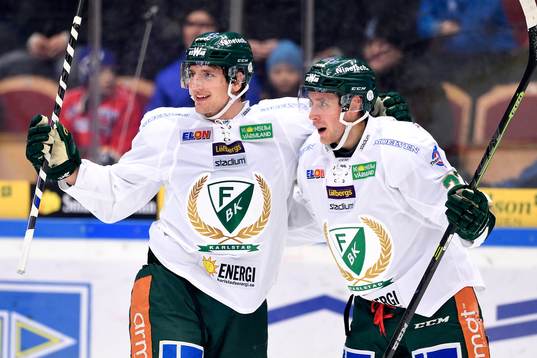 Färjestads Anton Hedman (v) och Per Åslund (h) jublar