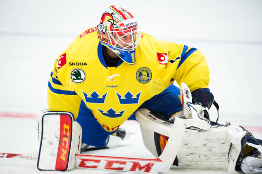 Sveriges målvakt Henrik Karlsson värmer upp före