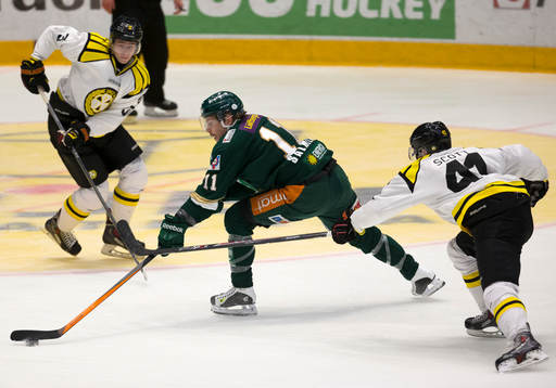 Brynäs Greg Scott  jagar Färjestads Anssi Salmela