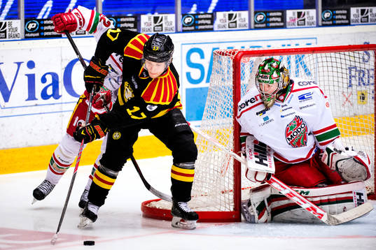 Brynäs Pathrik Westerholm stör framför Linus Ullmark,