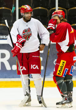 Donald Brashear och Modos William Nylander tränar med sina