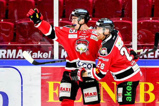 Malmö Redhawks Frederik Strom och Jens Olsson jublar