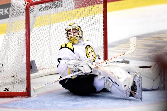 Brynäs målvakt Bernhard Starkbaum sitter på isen